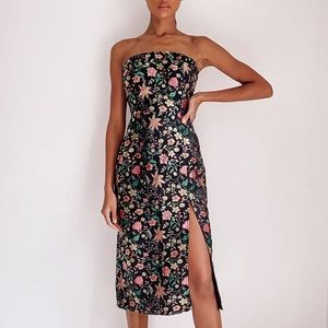 Lulu’s Make A Move Black Satin Floral Jacquard Strapless Midi Dress